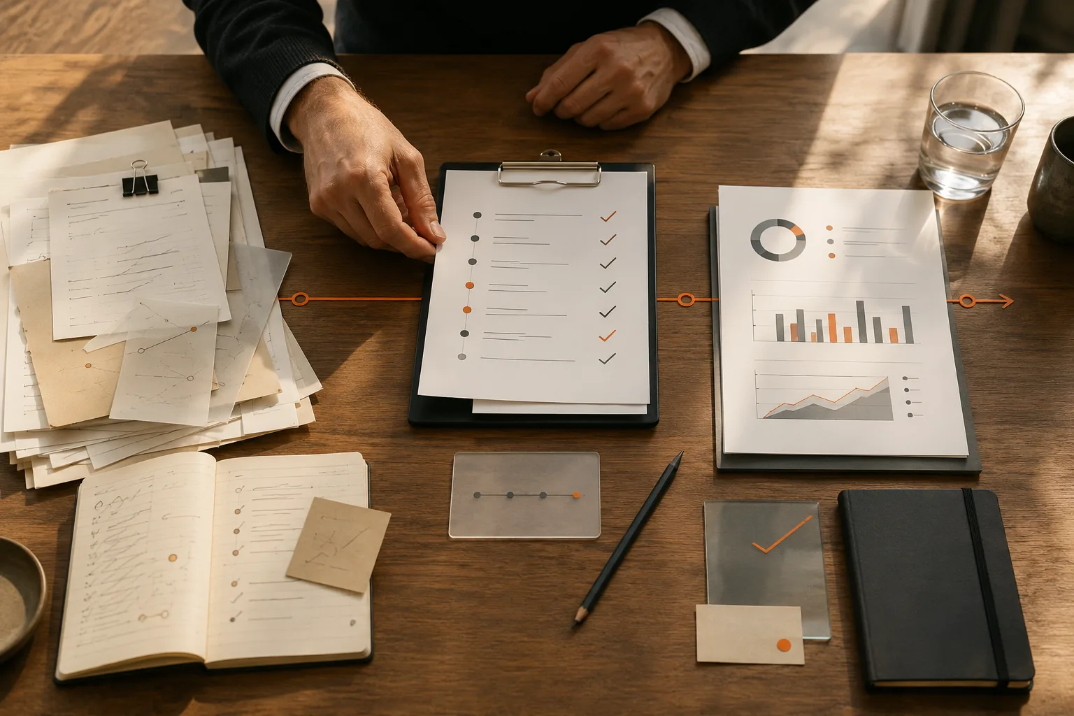 Source documents, a reviewed checklist, and an outcome report connected by an orange workflow line