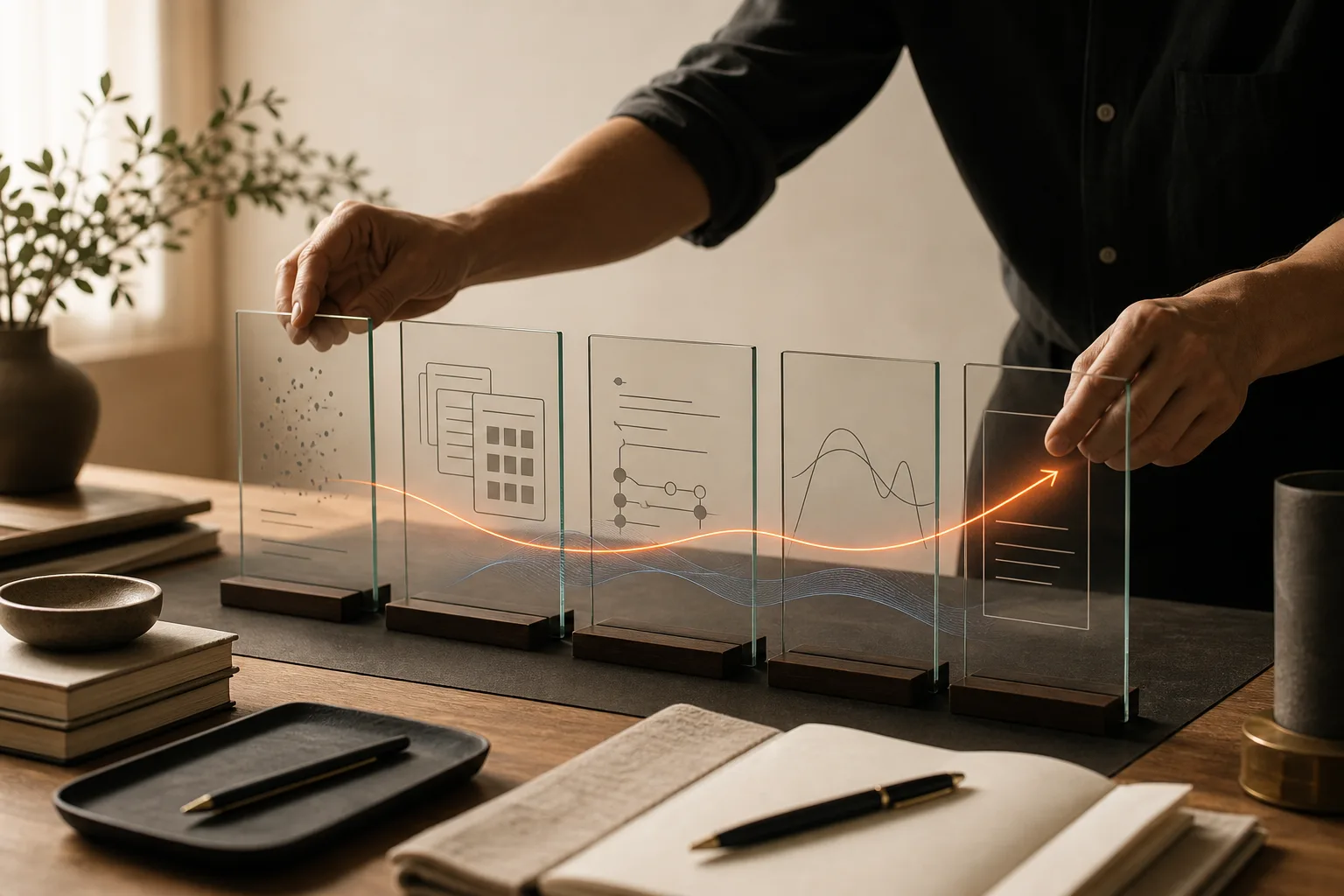 Hands arranging translucent panels that turn scattered inputs into organized documents, a workflow, and a clear business outcome