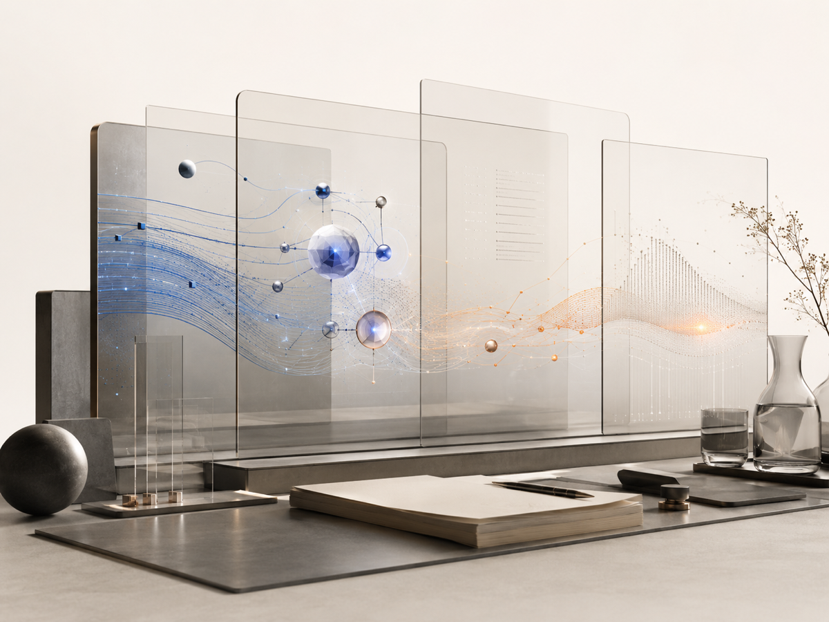 Abstract AI operations image showing signals, systems, and outcomes assembled into a reliable business workflow